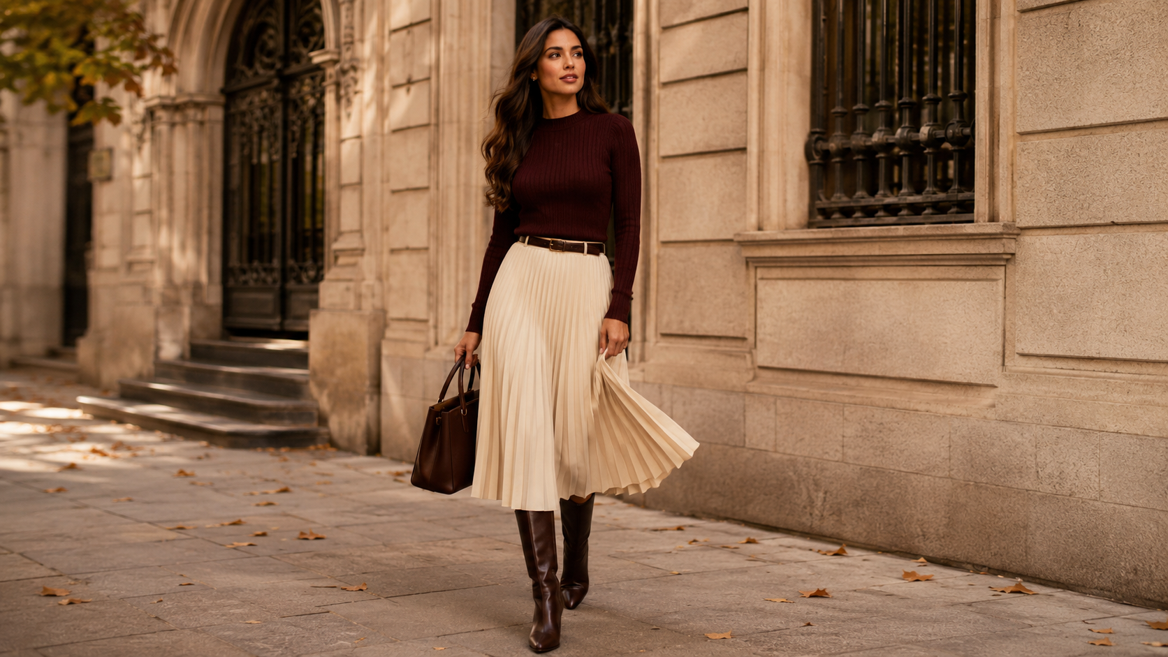 Pleated Midi Skirt + Fitted Knit Quiet Luxury Fall Outfits 2026